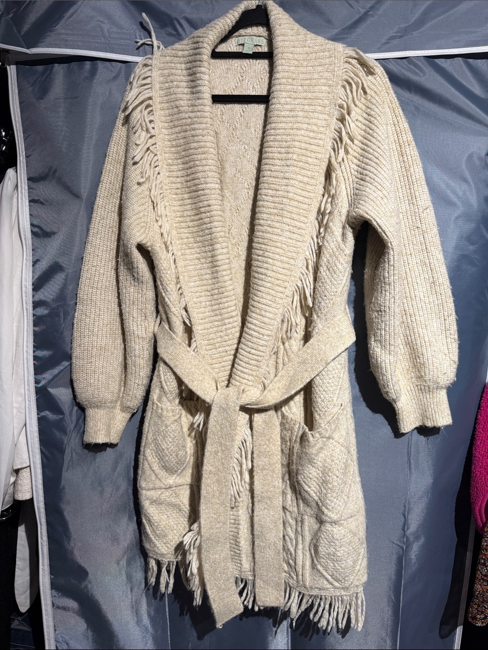 Fringed Shawl Collar Cream Knit Belted Cardigan